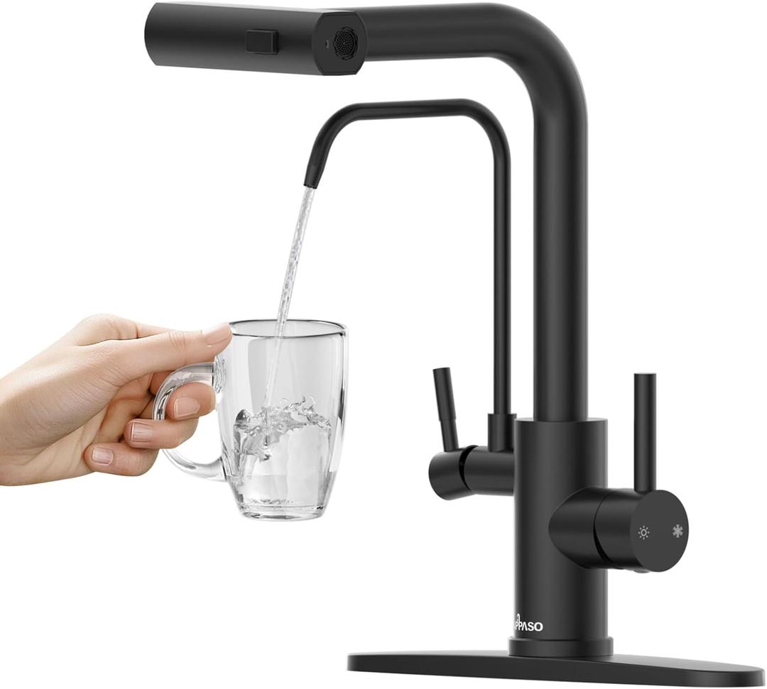 APPASO Kitchen Faucet with Water Filter (Without Water Filtration Device), 2 Handle Waterfall 3 in 1 Kitchen Faucet, Black Kitchen Sink Faucet, 3 Hole Kitchen Faucets with Pull Down Sprayer