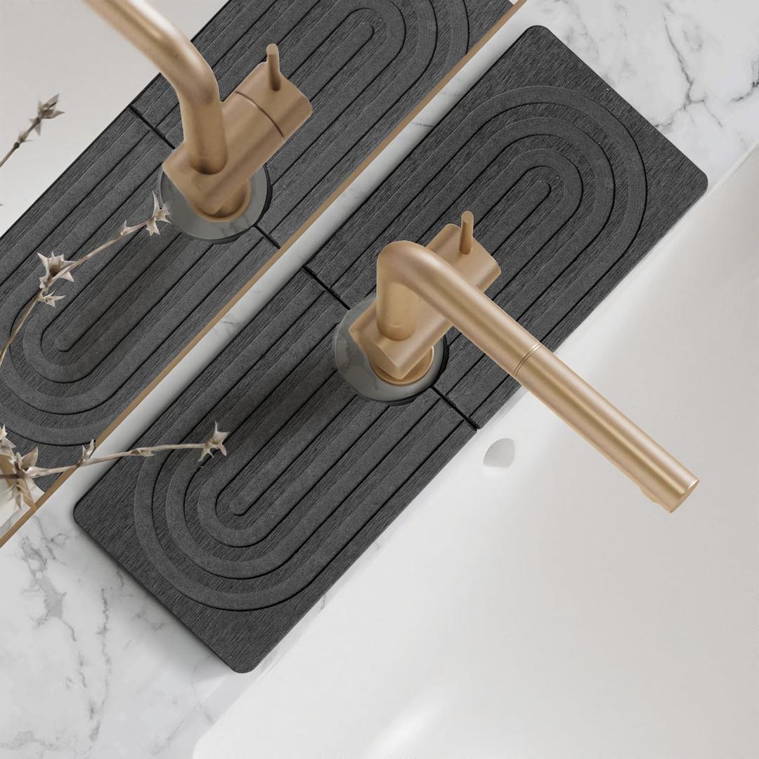 Faucet Mat for Kitchen Sink - Wider Diatomite Fast Drying Stone Sink Tray, Super Absorbent, Prevents Moisture Buildup - Faucet Splash Guard for Bathroom Counter [Dark Grey, 15x5.3inch]