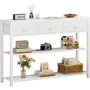 Furologee White Entryway Table, 38'' Console Sofa Table with 3 Fabric Drawers, Industrial Entry Way Table with Storage Shelves, Display Shelf for Living Room, Hallway, Entrance, Foyer