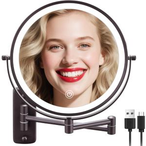 DECLUTTR 9 Inch Wall Mounted Lighted Makeup Mirror, Double-Sided Magnifying Mirror 1x/10x, 3 Colors Lighted Makeup Mirror, Touch Dimmable 360° Rotation Foldable Light Up Mirror, Bronze (Brown-led)