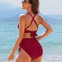 Blooming Jelly Womens High Waisted Bikini Sets Drawstring Tummy Control Swimsuits Crisscross Tie Back Bathing Suit (Red, Large)