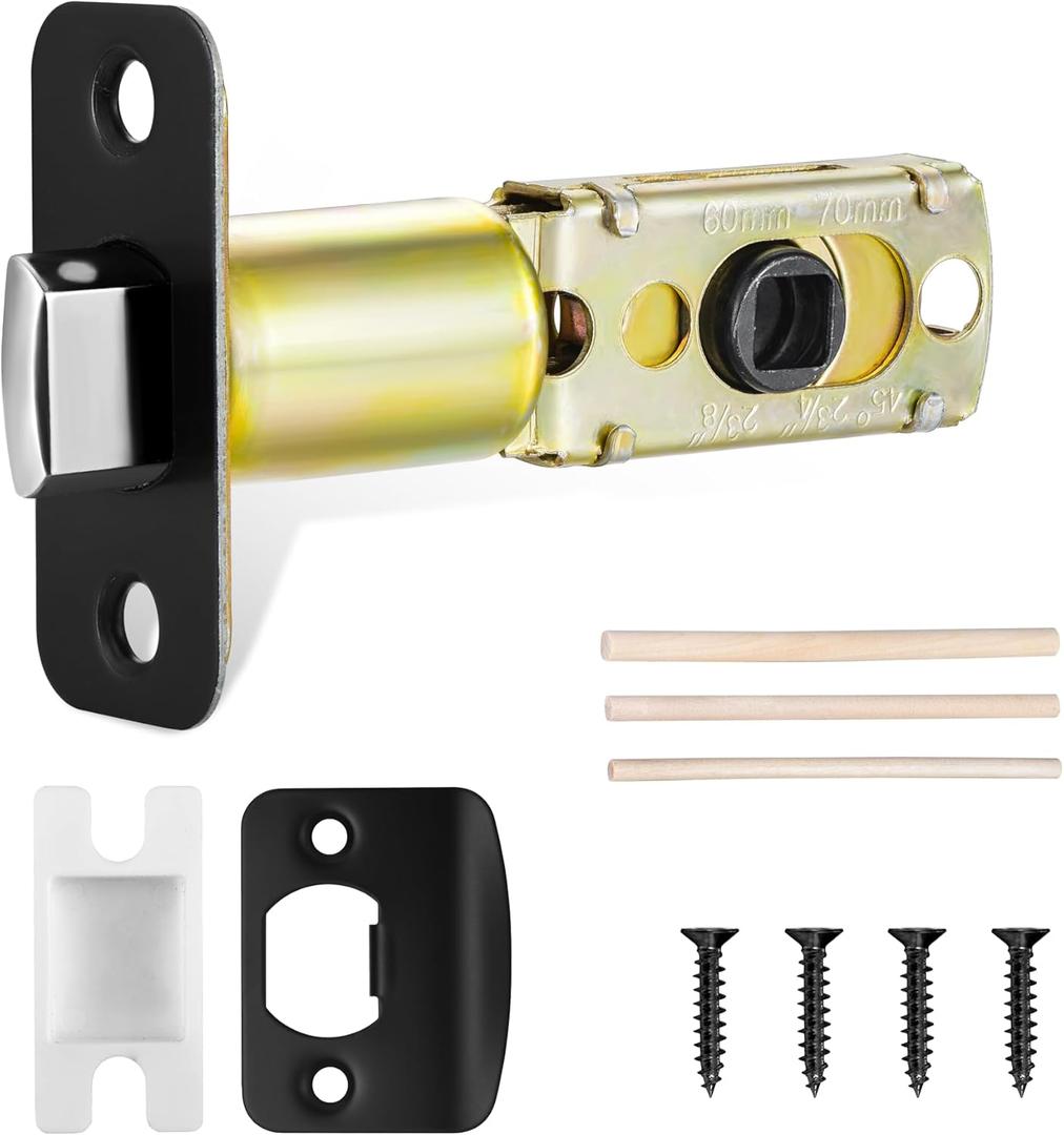 Matte Black Adjustable Door Latch 60 or 70mm, 45° Turning Angle, Door Lock Replacement Parts with Door Strike Plate, Wood Dowel, Dust-Boxes