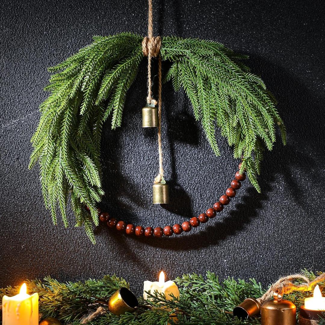 Dingion Small Norfolk Pine Christmas Wreath 11.8 in Christmas Kitchen Cabinet Norfolk Pine Wreath Mini for Front Door Artificial Farmhouse Rustic Xmas Decor for Window Fireplace