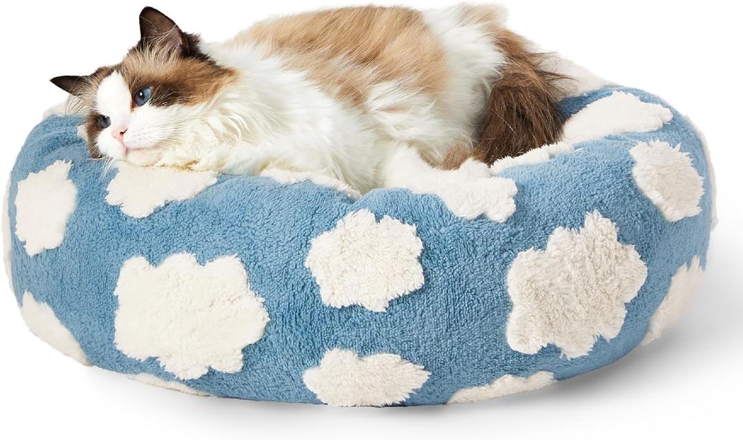 LE SURE Donut Cat Beds for Indoor Cats - Small Round Dog Bed for Calming Pets with Washable Cover, Cute Modern Puppy Beds with Jacquard Shaggy Plush & Anti Slip Bottom, 20 Inch, Blue (Cozy Clouds Blue)