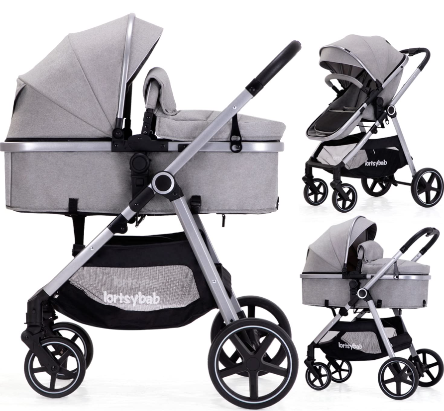 Lortsybab 2 in 1 Baby Stroller, Newborn Infant Toddler Convertible Pram Stroller for 0-36 Months Old Babies (Grey)