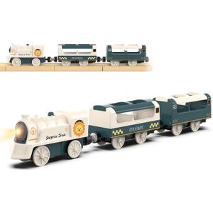 Battery Powered Train Set for Railway System, Electric Train Toys for Wooden Tracks, 3Pcs Motorized Locomotive Trains for Toddlers Compatible with Thomas & Friends, Brio, Chuggington