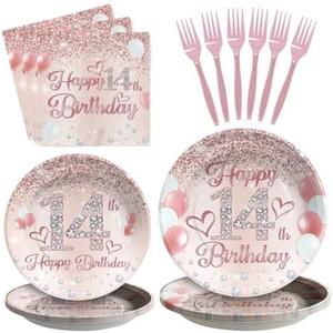 Grencian 96Pcs 14th Birthday Party Supplies Disposable Rose Gold 14 Year Old Birthday Plates Napkins Forks Tableware Set 14th Birthday Decorations for Girls Happy 14th Birthday Fabulous Party Serve 24
