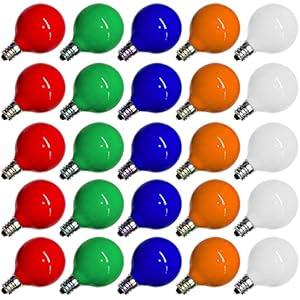 SUNSGNE G40 Multicolor Christmas Replacement Light Bulbs, 25 Pack Round Colorful Christmas Bulbs, 1.57 Inch Globe Xmas Light Bulbs, E12/ C7 Candelabra Base Light Bulb for Indoor Outdoor Decor- 5 Watt