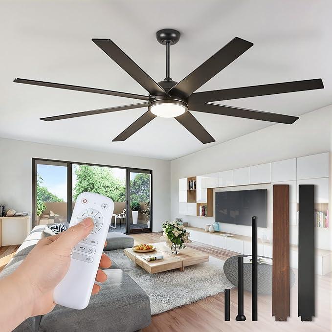 Fanbulous 65 Inch Ceiling Fans with Lights and Remote, Black Ceiling Fan with 8 Dual-Color Blades, Indoor/Outdoor Large Ceiling Fans, Reversible DC Motor, 6-Speed, 3CCT for Living Room Kitchen Patio, Walnut  