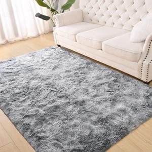 Terrug Fluffy Area Rugs for Living Room Bedroom, 5x7 Feet Tie-Dyed Grey Shag Large Rug Fuzzy Throw Carpet, Anti-Skid Modern Indoor Shaggy Rug for Boy Girls Kids Nursery Room Dorm Home Decor (7' x 5' (Rectangular), Tie-dyed Light Grey)