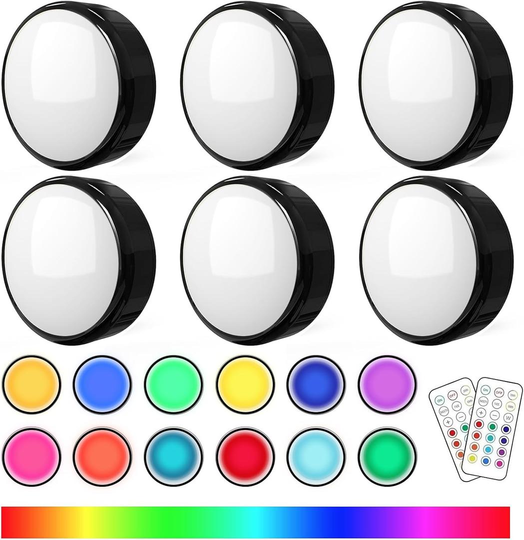 Puck Lights with Remote Control Battery Operated LED Push Lights Wireless, 13 Color RGB - for Closet, Bedroom Wall, Under Cabinet, Battery Powered ambient lighting. Convenient 3M Stick On, Black 6Pcs