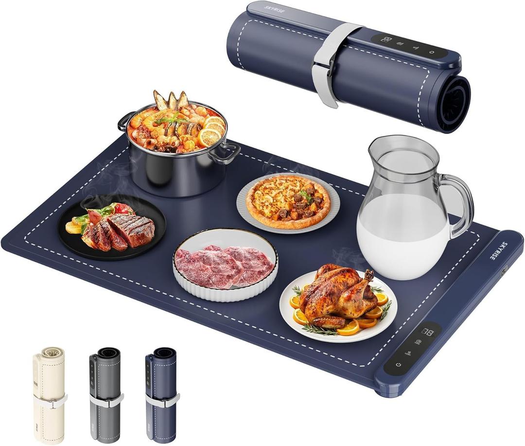 GRAPHENE Food Warming Mat, [122℉ to 212℉ Full Surface Rapid Heating] Electric Warming Tray, 6 Level Temp Setting W/Timer, Portable Silicone Food Warmers for Parties Buffet 23.6" x 14.6", Navy