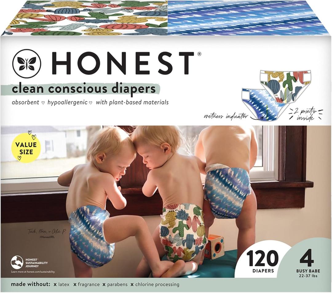 The Honest Company Comfort Dry Disposable Diapers Plant-Based Sustainable Tie-Dye For and Cactus Cuties Super Club Box Size 4 22-37 lbs 120 Count