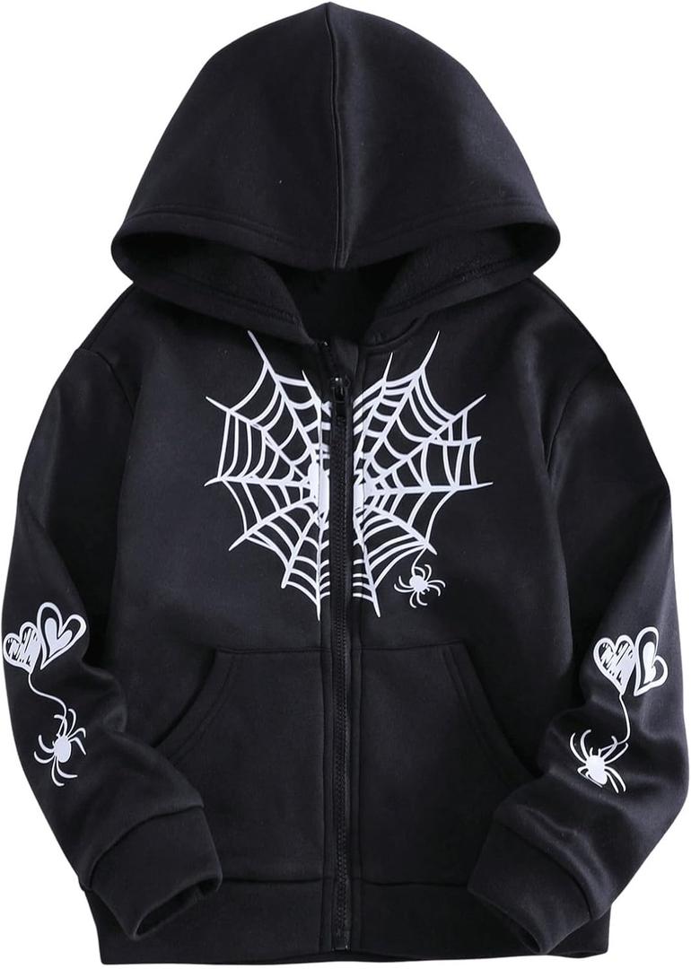Girl's Zip Up Hoodies Long Sleeve Graphic Sweatshirt Outerwear with Pocket (Black)