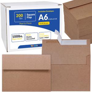 200 Pcs A6 Invitation Envelopes in Brown Kraft Peel & Seal Self-Seal 4 3/4 x 6 1/2 Square Flap Envelopes 100lb.for Wedding Shower Graduation Invitation Announcement Mailing 4 x 6 Photo Greeting Card