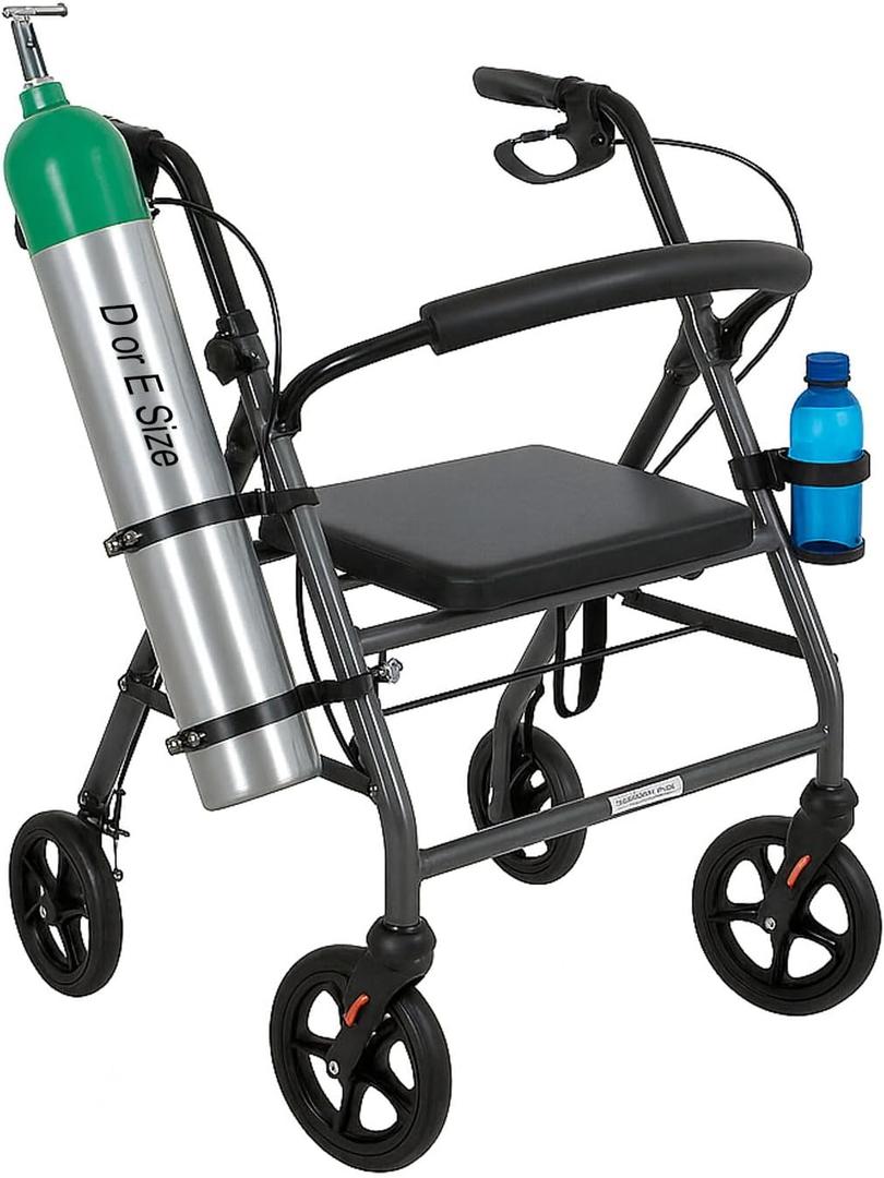 Oxygen Tank Holder for Walker and Rollator Fits D and E Cylinders for 1 inch to 1 1/8 inch 25 to 28.6 mm Tubes ONLY Steel Bracket with Secure Straps and Cup Holder Check Fit Before Purchase
