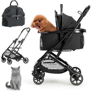 Kenyone 3-in-1 Pet Stroller for Small Medium Dogs Puppy Cat Stroller with Detachable Carrier & Pad Lightweight Foldable Aluminum Alloy Frame Dual No-Zip Entry(Black)