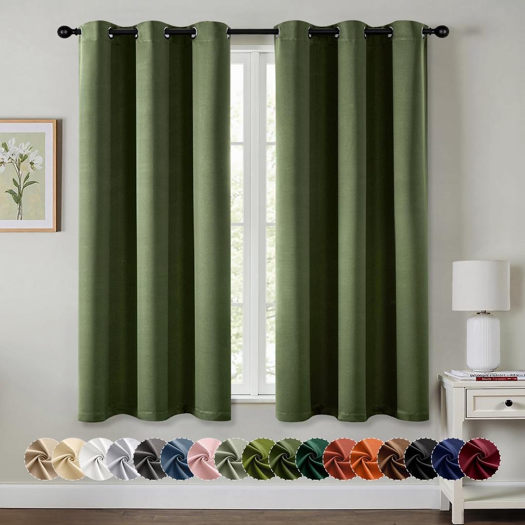 MIULEE Olive Green Blackout Curtains for Bedroom Living Room 63 Inches Long 2 Panels, Thermal Insulated Room Darkening Drapes Grommet Noise Reducing Light Blocking Window Treatments 40x63 Inch