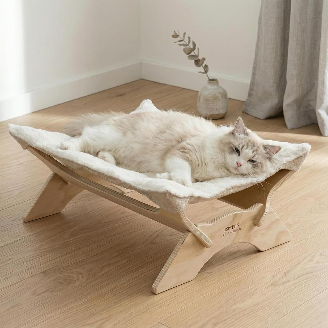 JSPYFITS Elevated Cat Bed Hammock, Raised Cat Bed with Dual-Sided Plush & Linen Cushion, Machine Washable & Breathable Cover Tool Free Easy Assembly, up to 66Lbs (White)