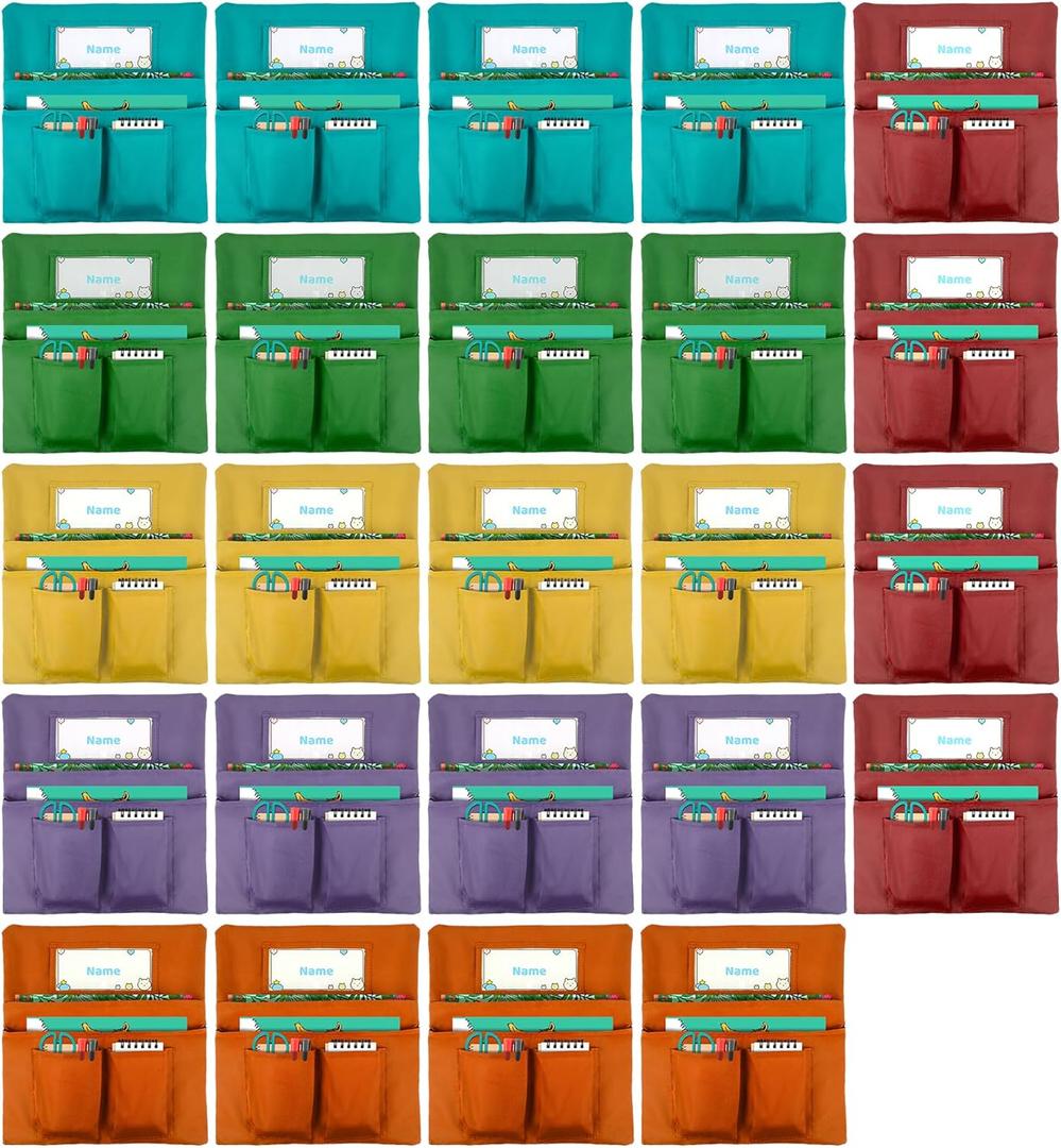 Classrooms Chair Pockets 24 Pack, 13 x 14 inch Seat Sacks for Classroom Chairs k-2 with Name Slot, Small Chair Pockets for Kindergarten, School, Home Seating Storage (Multicolor)