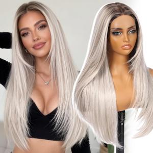 KOMEBeginner Friendly Wigs Platinum Blonde Synthetic Lace Front Wig,T Part Pre Cut Glueless Long Straight Layered Wigs for Women Cosplay Daily Use 26IN(#TT6/4603)