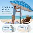 PASAMIC 7ft Beach Umbrella for Sand with Sand Anchor & Tilt, UPF 50+ Protection Beach Umbrellas for Heavy Duty Wind Portable with Carry Bag and Hook, for Patio Garden Pool, Light Blue Stripes