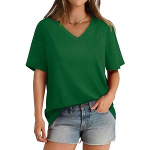 Aokosor Womens V Neck Short Sleeve T Shirts Summer Tops 2025 Casual Loose Tees Trending Now S-4XL (Green, 4XL)