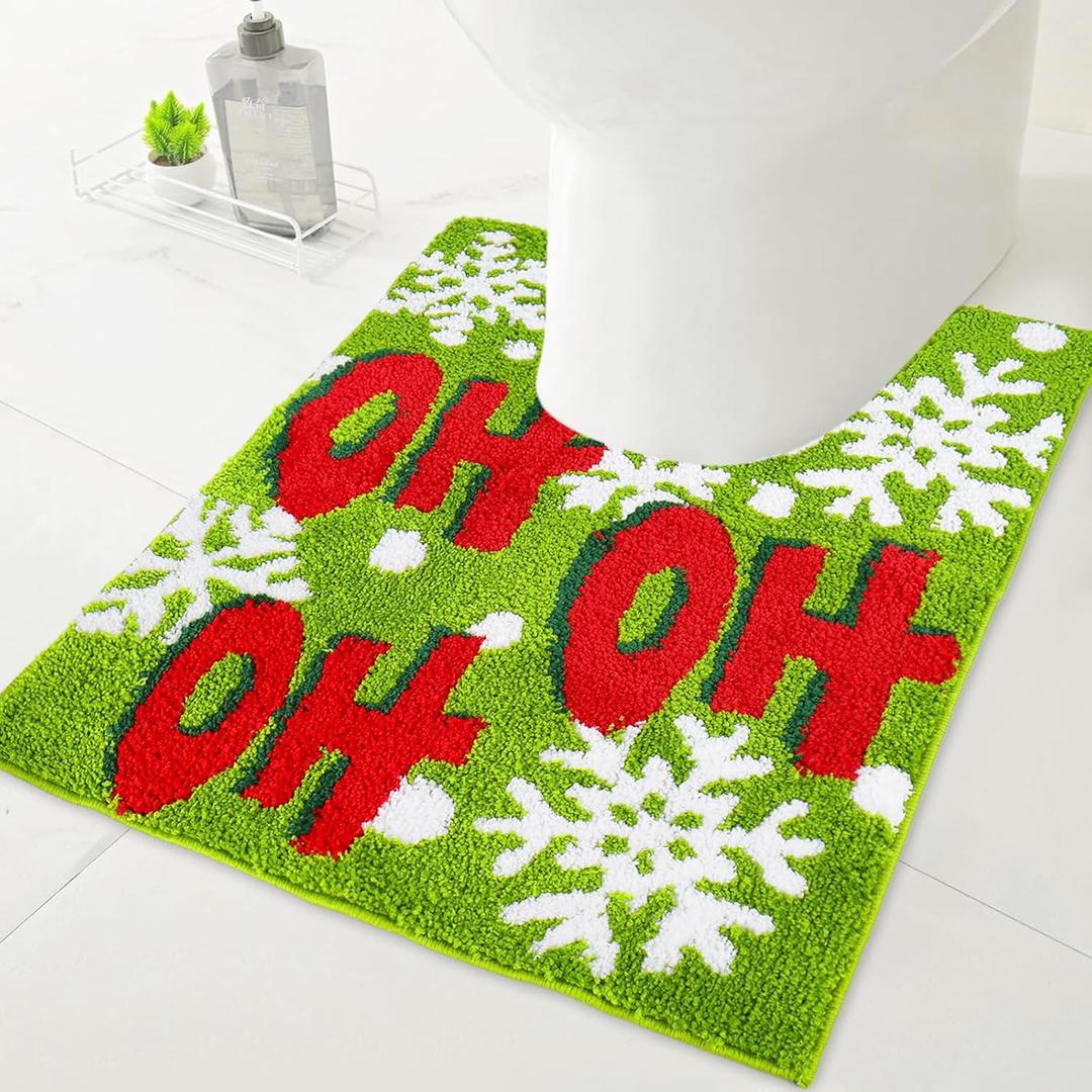 Christmas Bathroom Rug U-Shaped Toilet Rug Soft Bath Mat Green Xmas Snowflake Ho Ho Ho Non-Slip Washable Floor Mat for Home Bathroom Restroom Entrance Decor