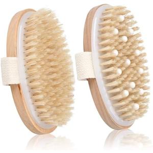 2 Pack Dry Brushing Body Brush, Natural Bristle Exfoliating Brush with Massage Nodes, for Lymphatic Drainage and Improving Skin Health and Reduces Acne
