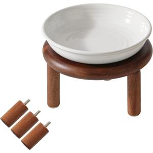 Elevated Ceramic Cat Dish, Wide Whisker Friendly Anti-Slip Food & Water Bowl with 2 Heights Adjustable Acacia Wooden Stand - Pet Bowl Set for Cats (1 Dish + 1 Stand, White)