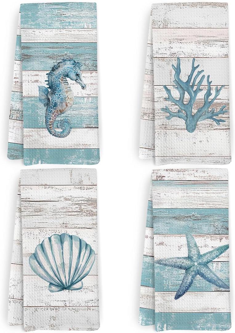 Beach Coastal Kitchen Towels and Dishcloths Set of 4, Lake House Nautical Beachy Dish Towels, Starfish Seahorses Coral Seashell Decorative Hand Tea Towel for Bathroom Kitchen, 16x24 Inches