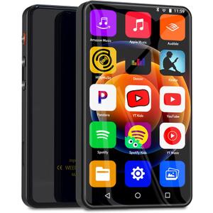 Portable 144GB MP3 Player with Bluetooth and WiFi, 4" Full-Color Touch Screen MP3 Music Player with Spotify, YouTube, Pandora, Amazon Music, Libby, Android Mainstream Media MP4 Player for Kids, Black