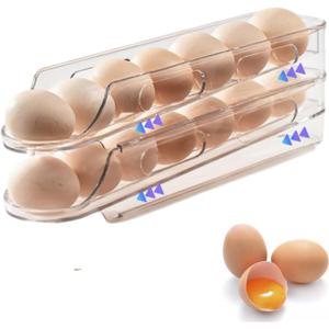 Egg Holder for Fridge,Stackable 1-4 Tiers Container,Auto Rolling Fridge Organizer for Refrigerator,Space-Saving Dispenser Holder,Refrigerator Egg Rack Transparent (2 Packs)