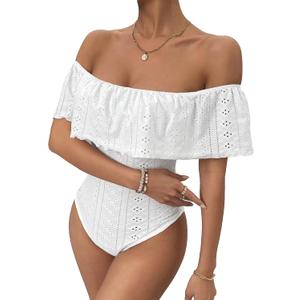 MakeMeChic Women's Off Shoulder Ruffle Trim Bodysuit Eyelet Embroidered Strapless Tube Top Summer Sexy Leotard Outfits, XS