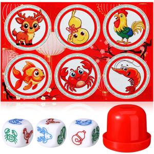 Adult BAU Cua Dice Game Set Gourd Fish Shrimp Crab Dice with Mat Shaker Vietnamese BAU Cua Ca Cop Game for Adult Lunar New Year, Gatherings, Celebrations(Classic)