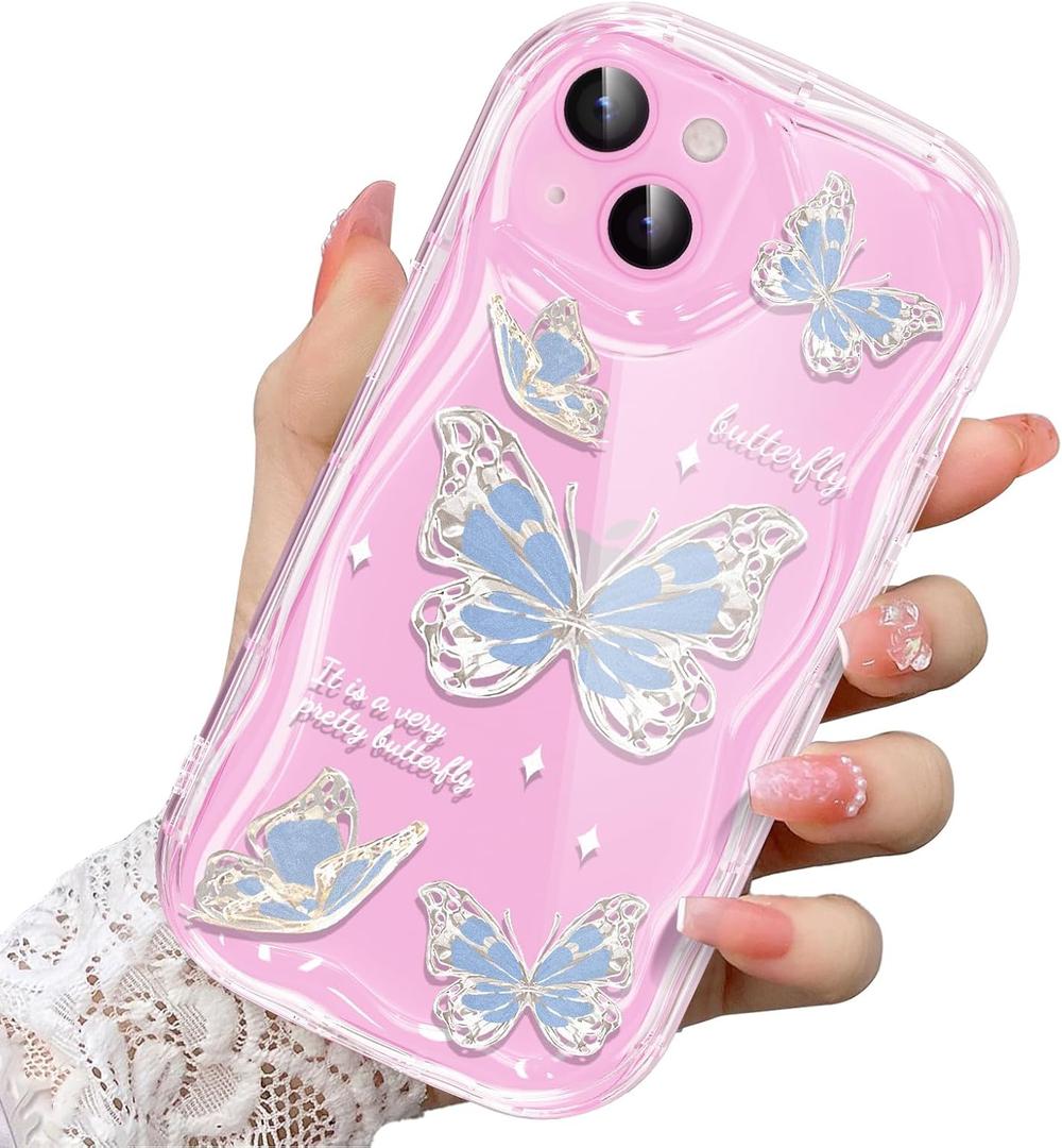 2 x Compatible for iPhone 14 Case, Pretty Butterfly Print Three-Dimensional Wave Clear Case for Girls Women, Soft Full Package Anti-Fall Cover for iPhone 14, Water Blue Butterfly