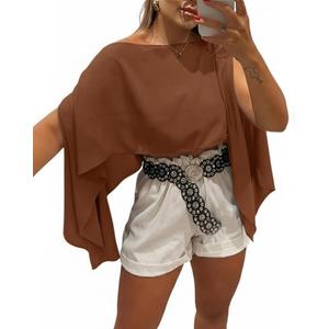 CHICME Womens Off The Shoulder Flowy Tops Casual Batwing Slit Sleeve Blouse Loose Shirt with Bandeau Top (X-Large, Brown)
