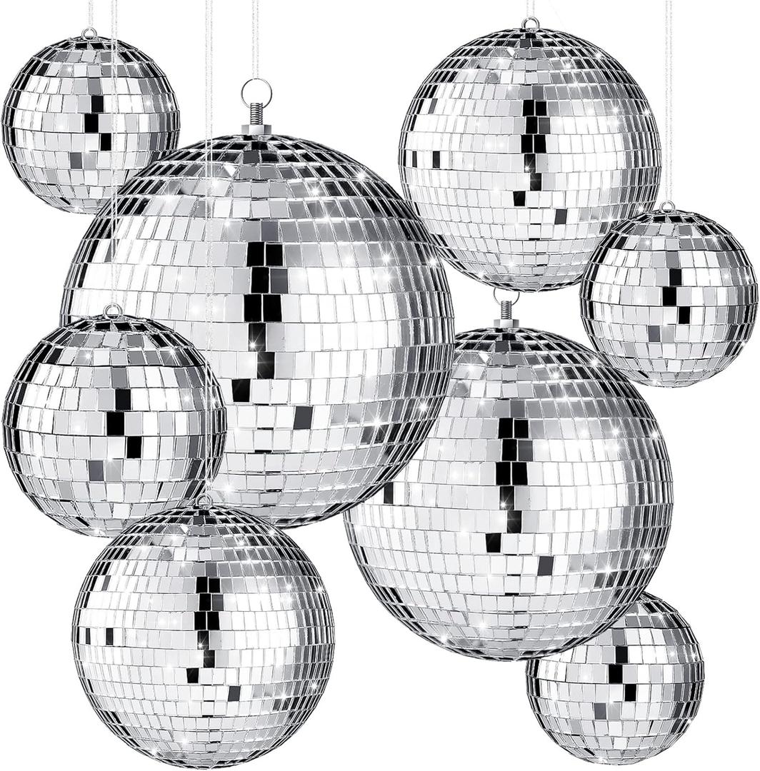Haull 8 Pcs Large Disco Ball Set Silver Mirror Disco Reflective Ball with Hanging Ring Party Ornament Decoration for Stage Club Ballroom Dance Hall Wedding Prom Props(12'', 8'', 6'', 4'')