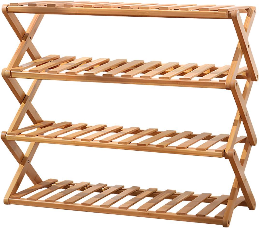 Bamboo Shoe Rack 4 Tier Collapsible - Shoe Rack for Entryway, Without Installation Storage Shelf Rack Perfect for Entryway Corridors Front Door Living Room Kitchen, Original Color, 9.8 x 26.7 x 26.7 inches