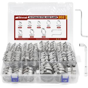 202PCS Hose Clamp Assortment, 1/4-2(6-51mm) Adjustable Stainless Steel Worm Gear Clamps for Plumbing, Pipe, Fuel Line, Automotive, Garden and Mechanical Applications