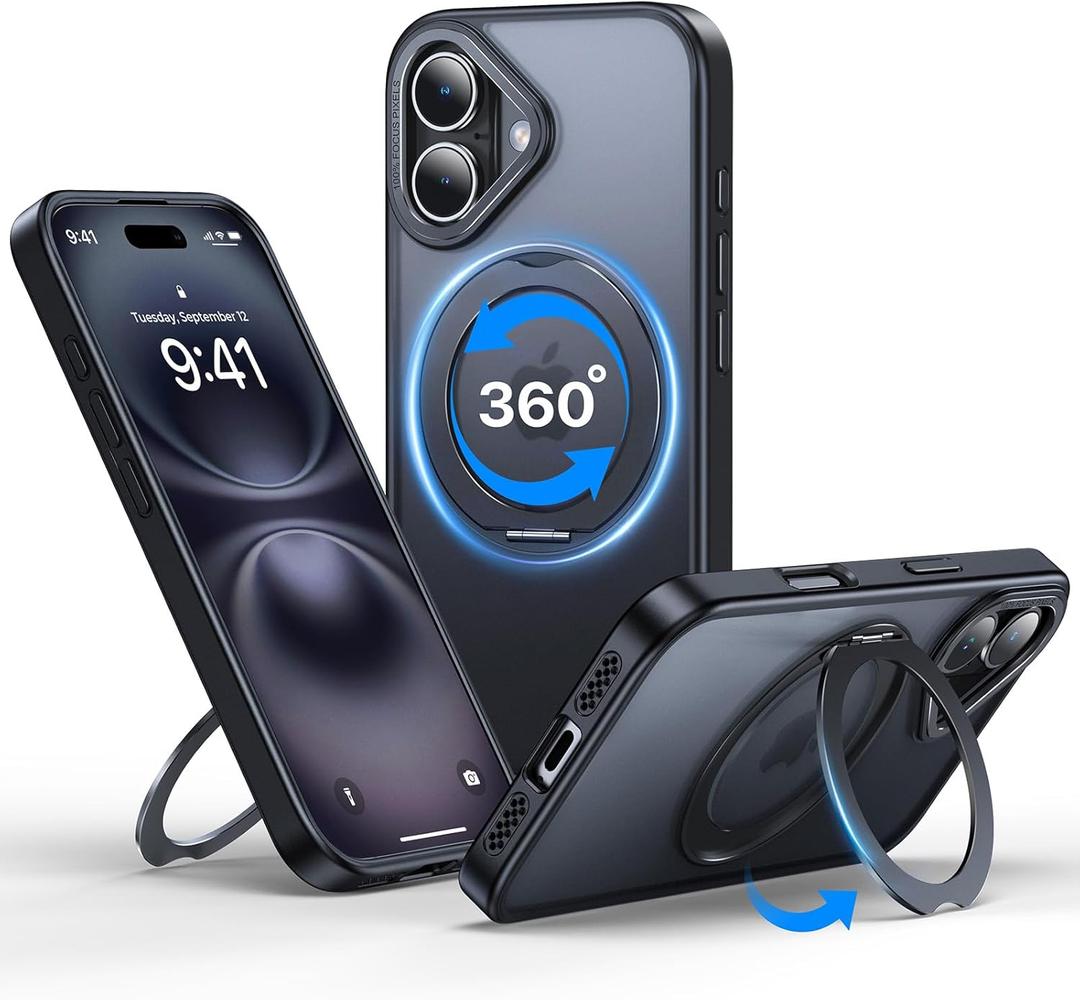 QTlier for iPhone 16 Case, 360 Rotatable Ring Stand, Raised Camera Frame, Shockproof Case Compatible with MagSafe, Case for iPhone 16, Translucent Black