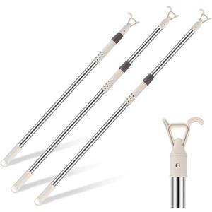 Reallnaive 3 Pack Telescoping Skylight Pole with Hook up 47 to 98 Inch Wand for Blinds Tension Rod Blinds Shades Stainless Steel Adjustable Curtain Pull Wand for Skylight Cordless Window (Beige)