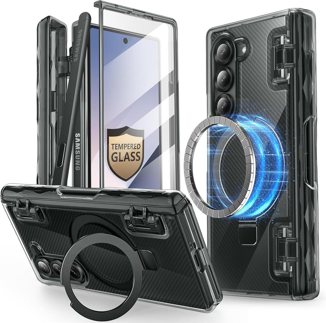 i-Blason Cosmo for Samsung Galaxy Z Fold 6 Case with MagSafe Stand & S Pen Holder [Built-in Tempered Glass Screen Protector] [Hinge Protection] Full Protective Magnetic Case for Z Fold 6 (FrostBlack)