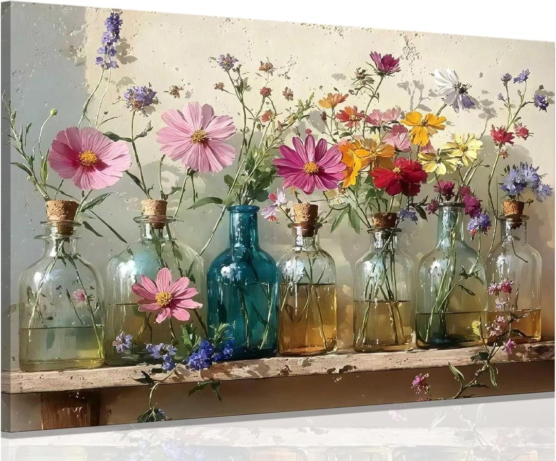 1Pcs Framed Retro Farmhouse Flowers Canvas wall art Colorful wildflowers Posters Prints Colored glass bottles Artwork Pictures Printing Wall Decor for Living Room Bedroom Bathroom Home Decoration, 24"L x 16"W
