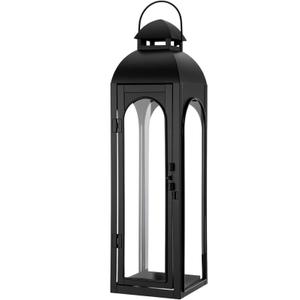 Nuogo 1 Pack 20 Inch Large Black Metal Decorative Lanterns Luxury Hurricane Modern Candle Lanterns with Clear Glass Panels for Porch Outdoor Garden Wall Hanging Patio Wedding Party Table Decoration