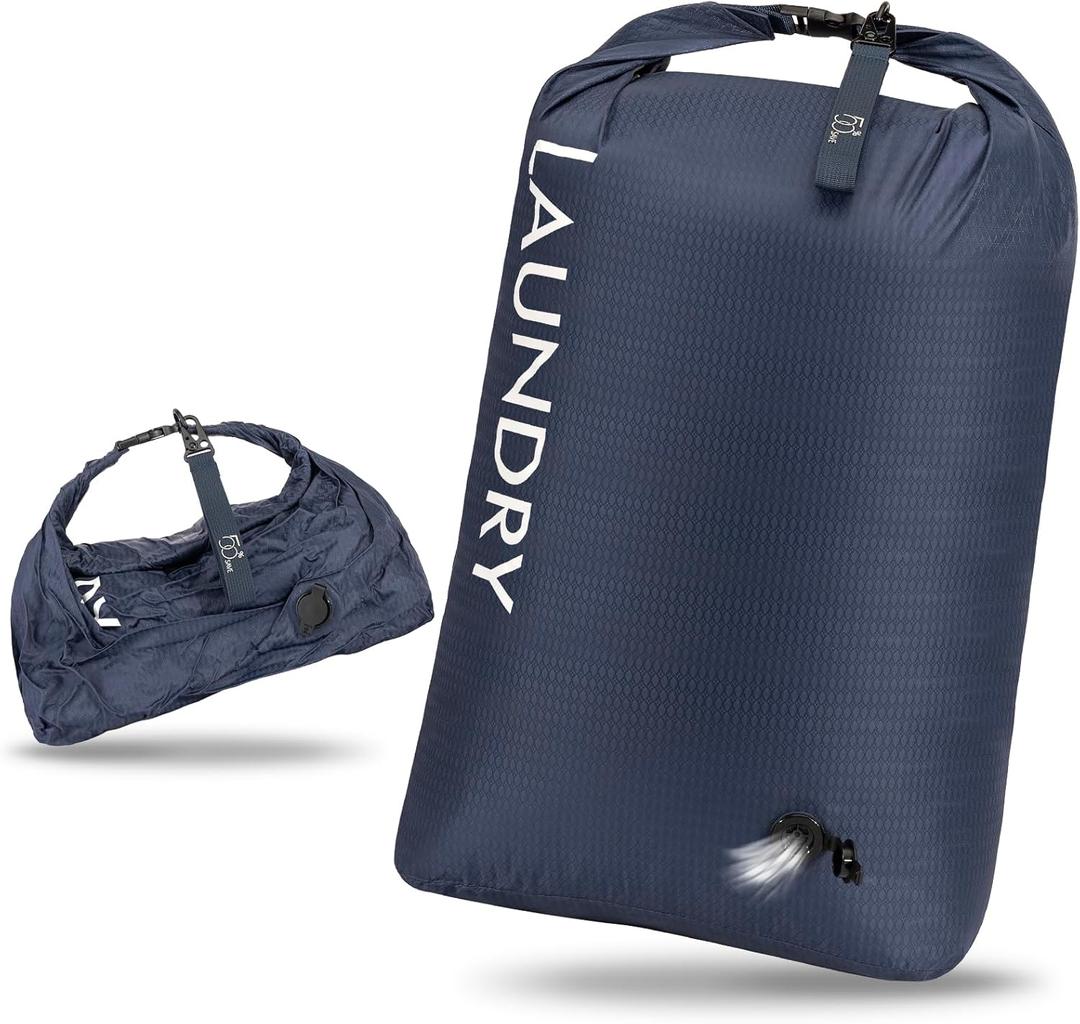 CANBOX Travel Laundry Bag, Vacuum Compression Dirty Clothes Travel Bag, Waterproof Wet/Dry Space-Saving Laundry Storage Organizer, Smell Proof Storage Bag for Clothing, Swimming, Yoga, Gym, Camping (Large, Navy Blue)