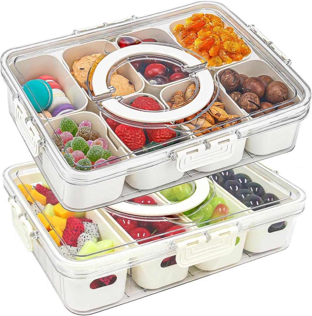 2 Pack Divided Serving Tray with Lid and Handle, 12 Compartments Snackle Box Charcuterie Container for Portable Snack Platters Large Clear Organizer for Snacks Dishwasher Safe