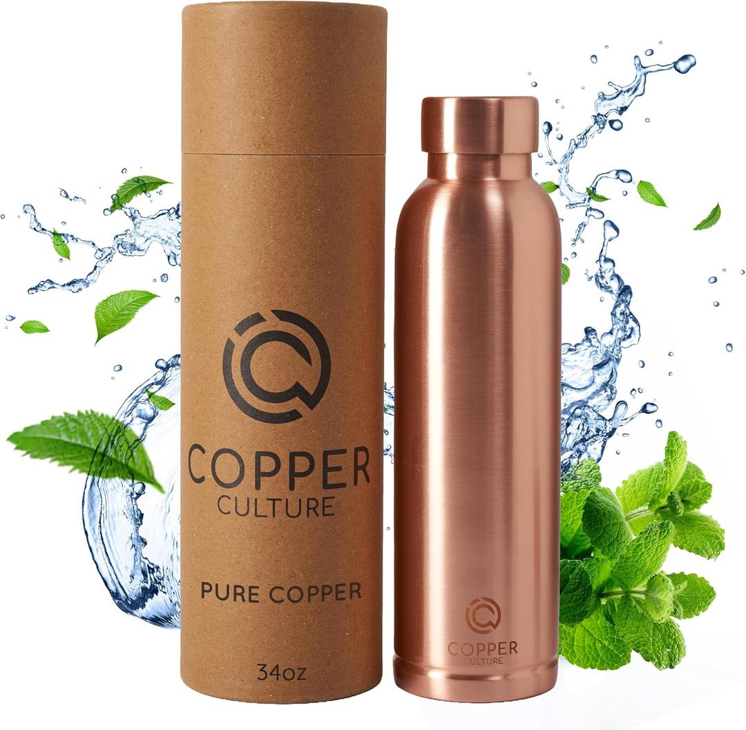 100% Pure Copper Water Bottle for Drinking Water  34 oz (1000ml) Polished Finish with Leak-Proof Lid | Copper Vessel for Yoga, Gym, Office, Home & Travel