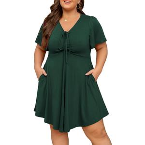 Manllenshie Women's Plus Size Dresses Casual Flowy Dress with Pocket Short Ruffle Sleeve V Neck Drawstring Bow Summer (4X-Large, Emerald Green)