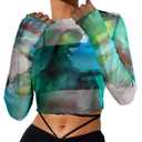 Remidoo Women's Sheer Mesh Top Tie Dye Crewneck Long Sleeve Tee Shirts with Thumb Hole Green Small